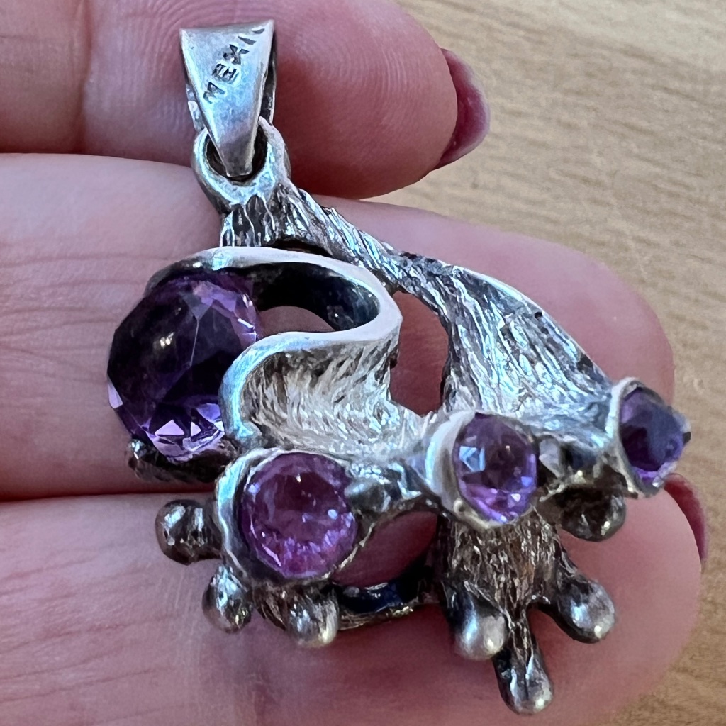 Vintage Brutalist Design Amethyst Pendant Sterling Silver Mexico Large Statement